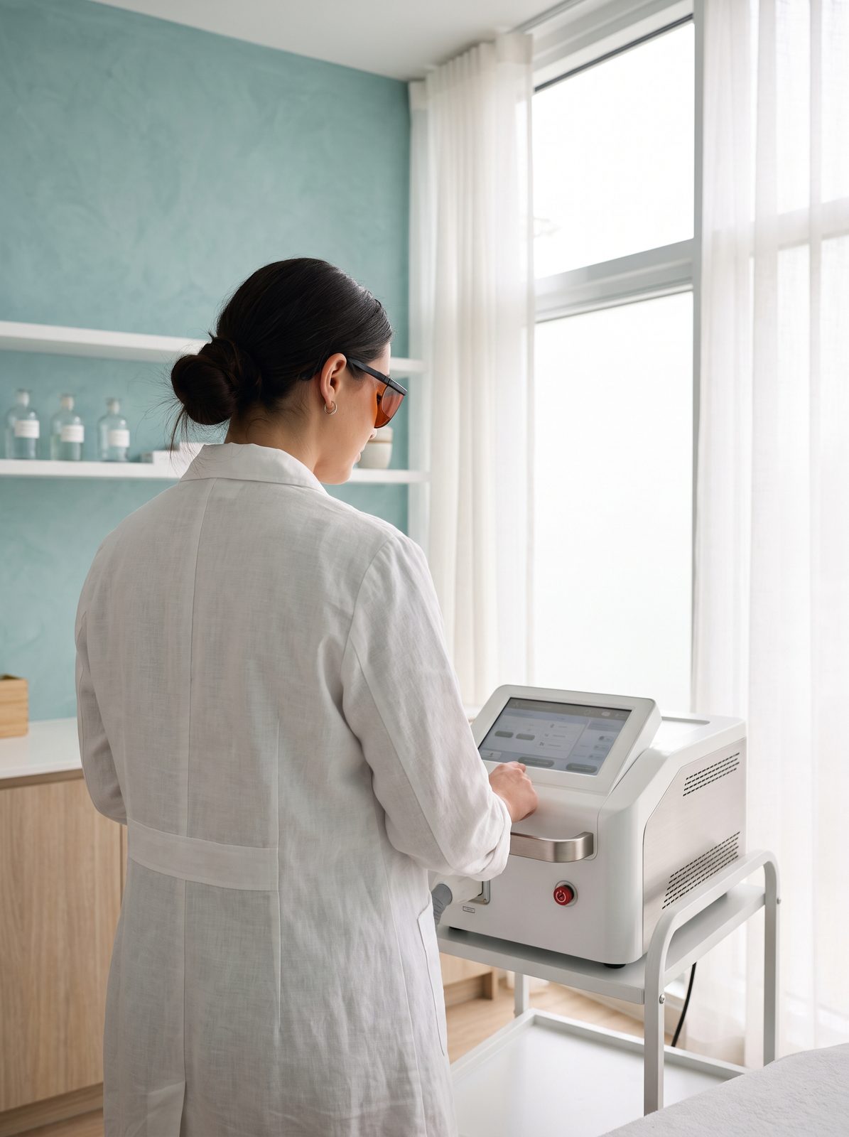 A person in a white coat and goggles, seen from behind, looking at a laser on a cart