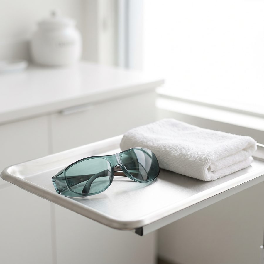 Laser safety goggles on a tray