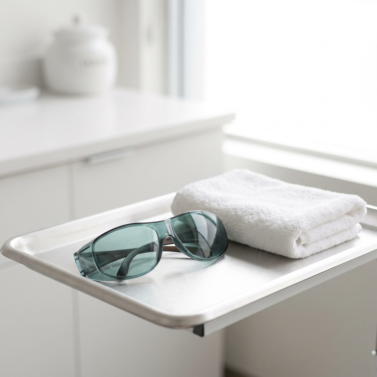 Laser safety goggles on a tray