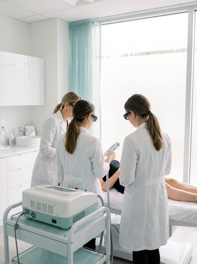 Two people in white coats and goggles run a laser handpiece over a client's leg