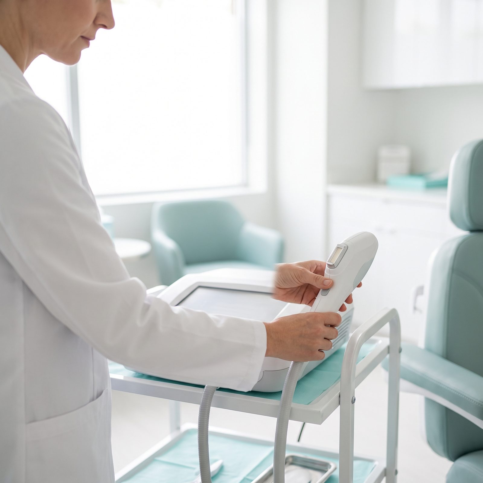 A technician adjusting a laser device in a clinic room