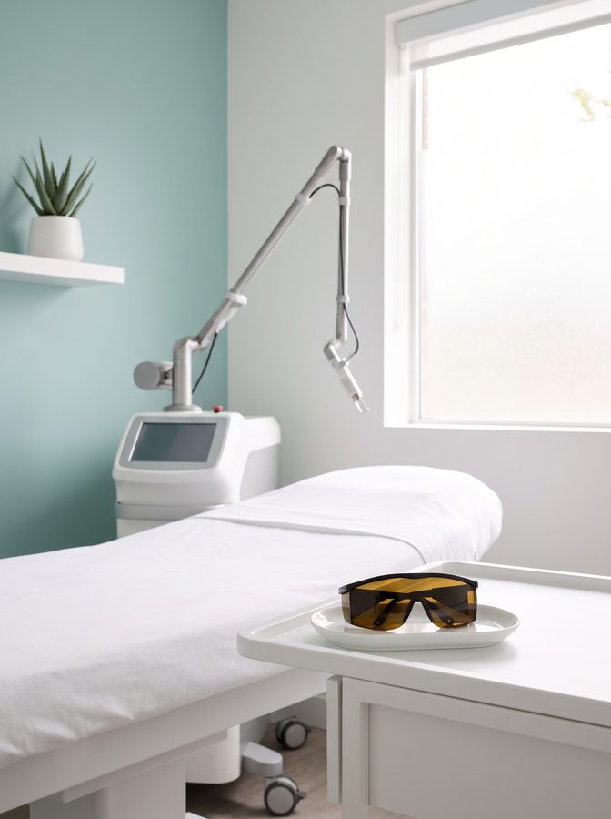 Treatment room with a cosmetic laser on a cart